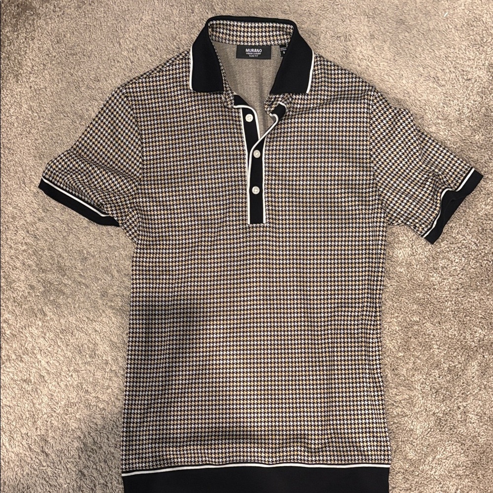 Murano Men's Black & Brown Houndstooth Polo with Contrast Trim